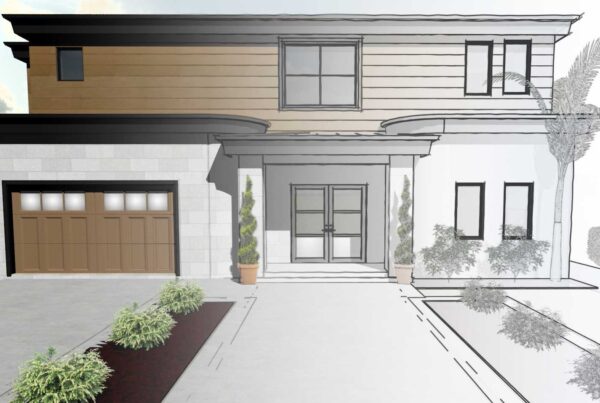 Exterior design rendering of a modern two-story home with wood siding for a whole home remodel