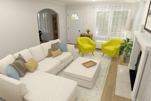 3D rendering of a living room with a white sectional, yellow chairs and a fireplace