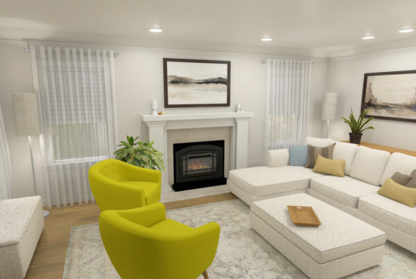 3D rendering of a living room design with a white sectional, chartreuse chairs and a fireplace