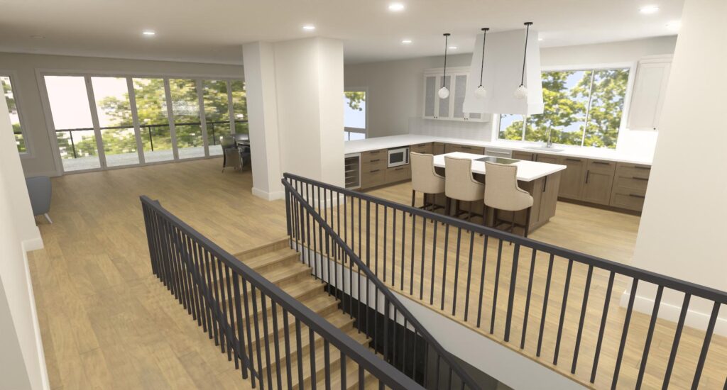 3D rendering of an open kitchen and dining area above a new stair railing for a whole home remodel