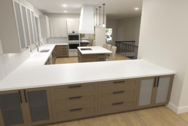3D rendering of a white kitchen with a long quartz counter and wood base cabinets for a whole home remodel