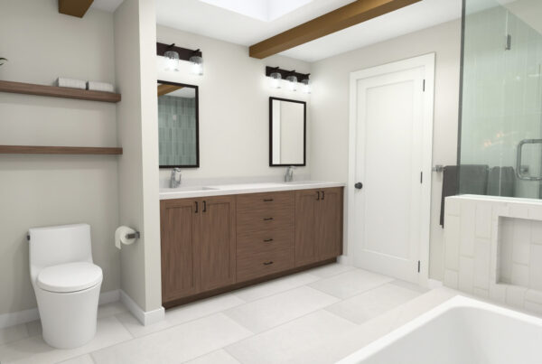 3D rendering of a bathroom with a walnut floating vanity, open shelves and a glass shower