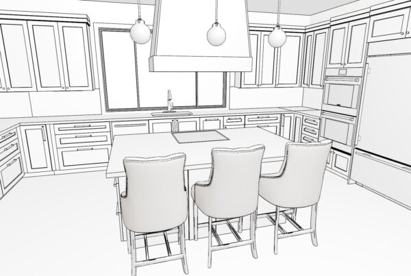 Line drawing of a kitchen design with island seating, from our remodel design drawings