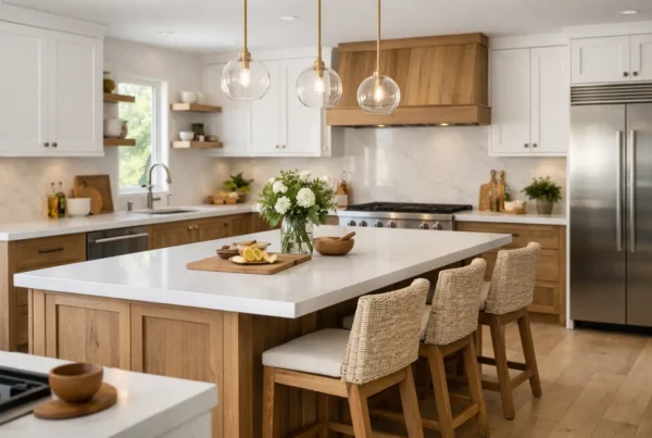 White and wood kitchen with a quartz island, woven counter stools and glass pendant lights