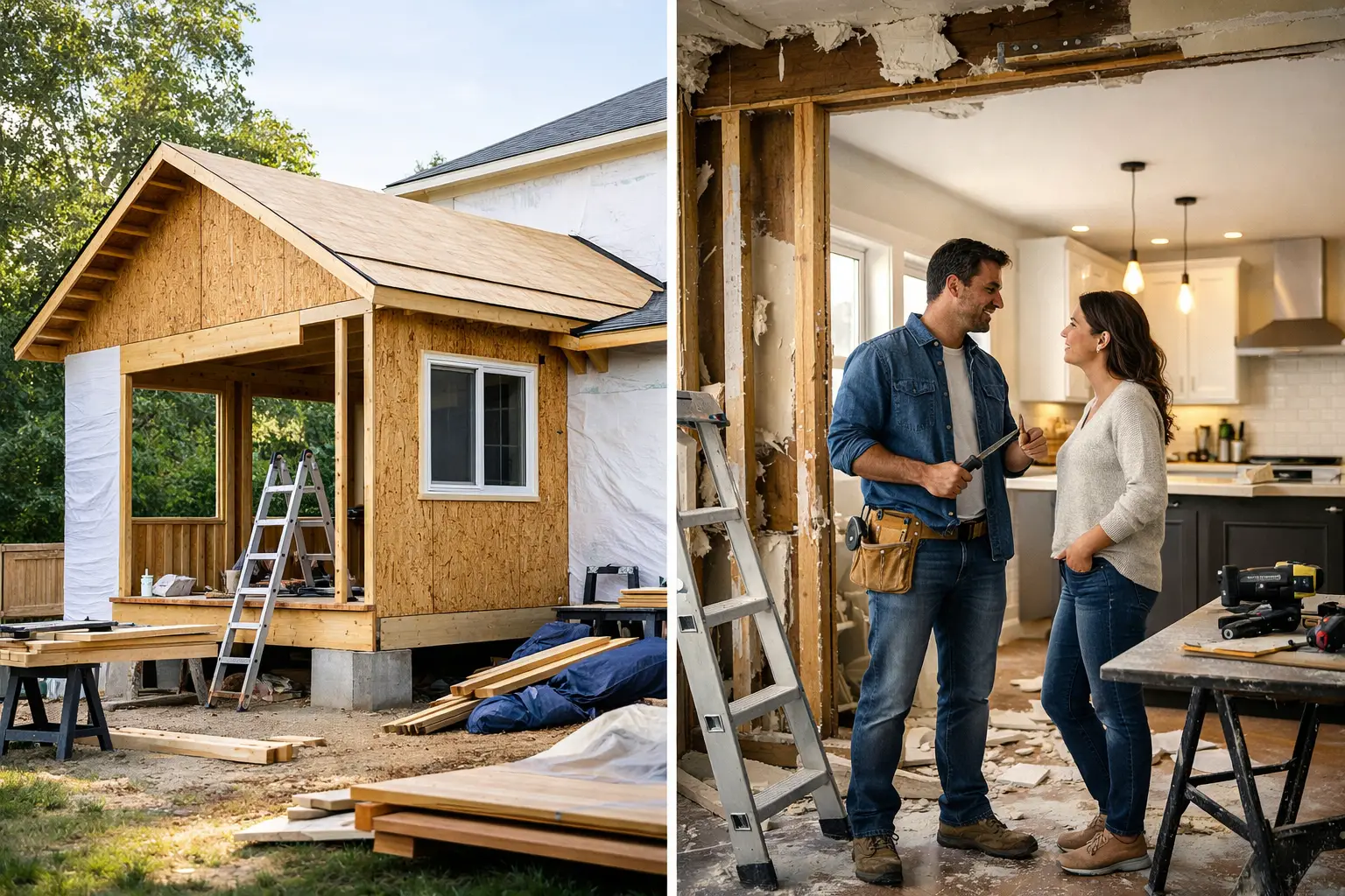 Home addition under construction next to a couple planning an interior remodel
