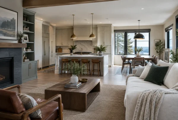 Open living room and kitchen with a dark stone fireplace and pendant lights after a whole home remodel