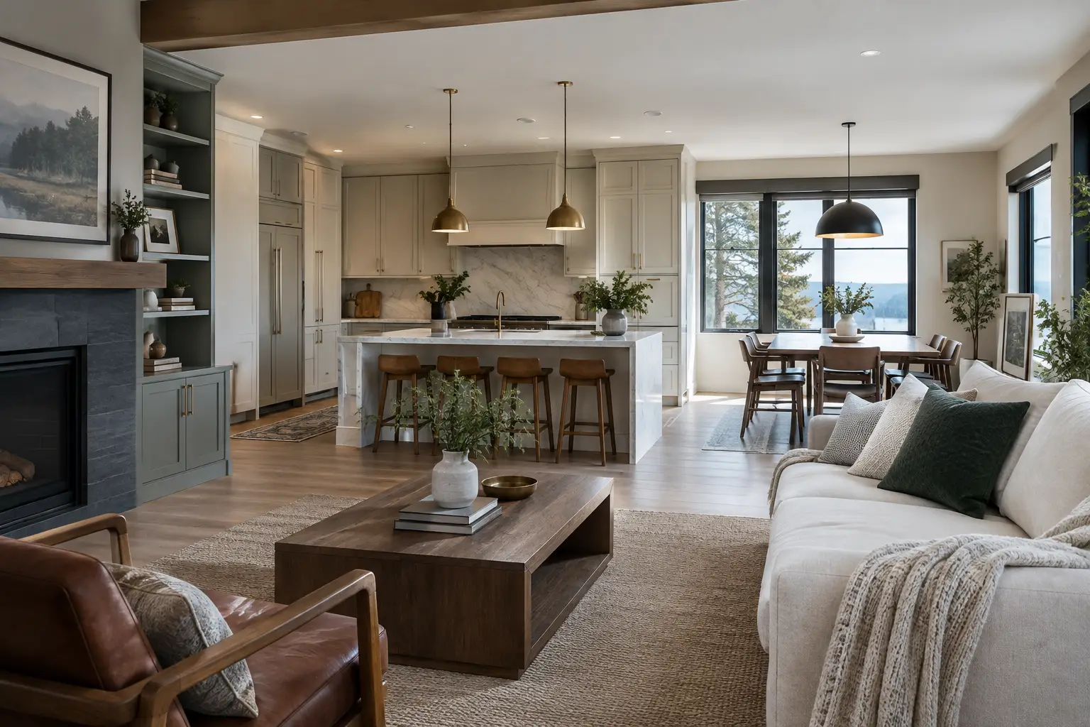Open living room and kitchen with a dark stone fireplace and pendant lights after a whole home remodel