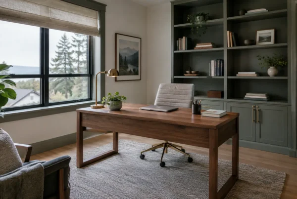 Spare room converted to a home office with a walnut desk, green built-ins and a window view