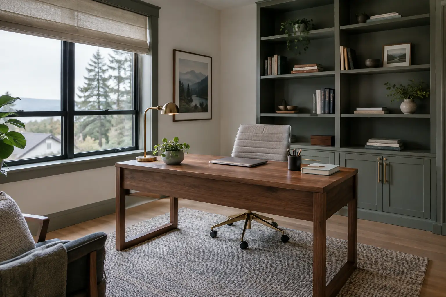 Spare room converted to a home office with a walnut desk, green built-ins and a window view