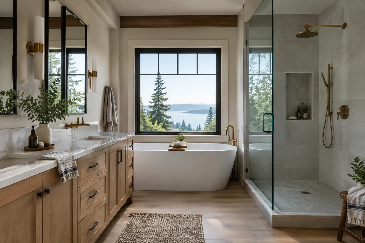 Custom bathroom with a wood vanity, freestanding tub and glass shower with brass fixtures