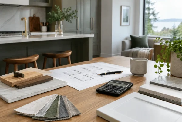 Remodel bid documents with a calculator and material samples on a table in a finished home