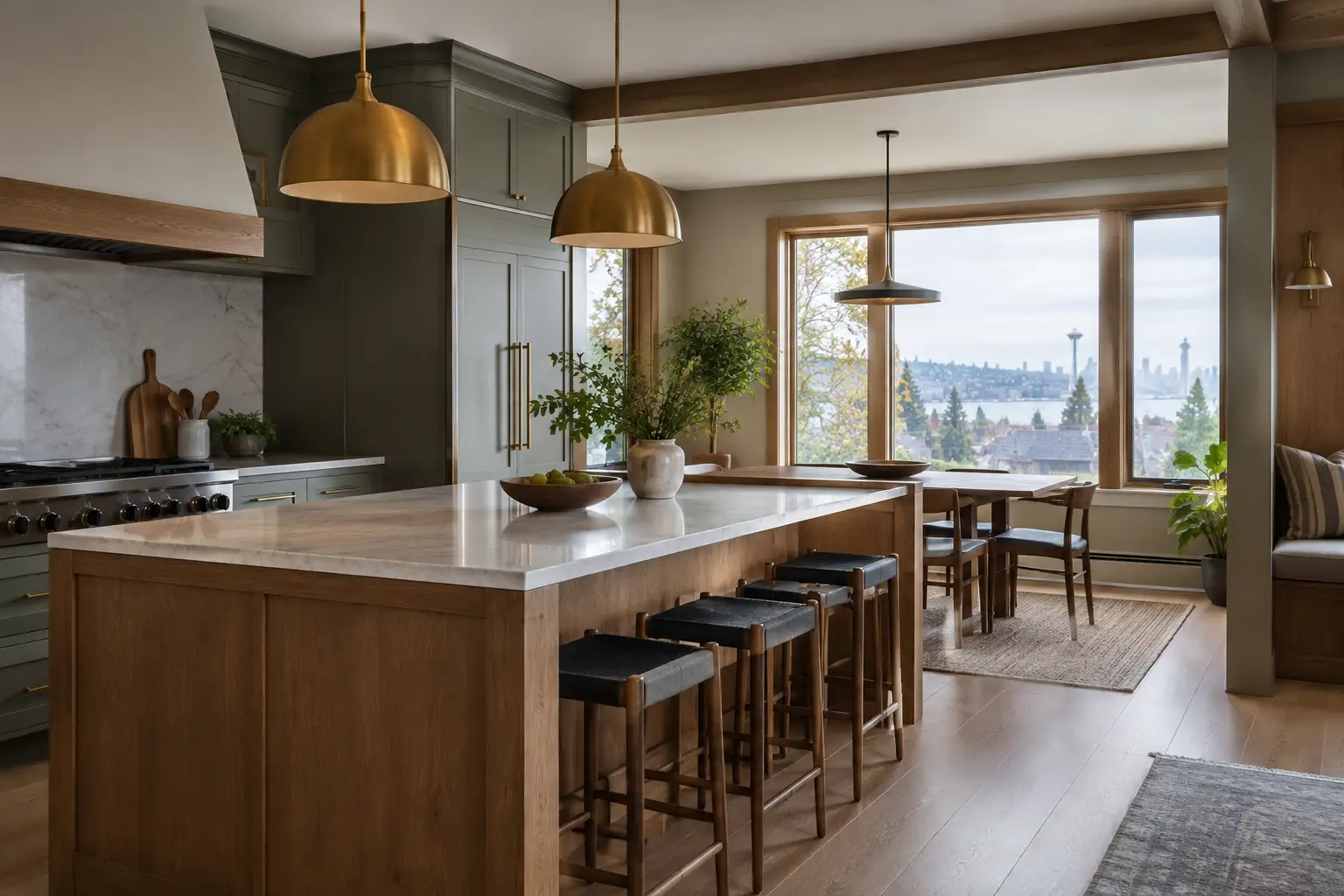 Kitchen island with brass pendants and layered lighting looking out to a water view