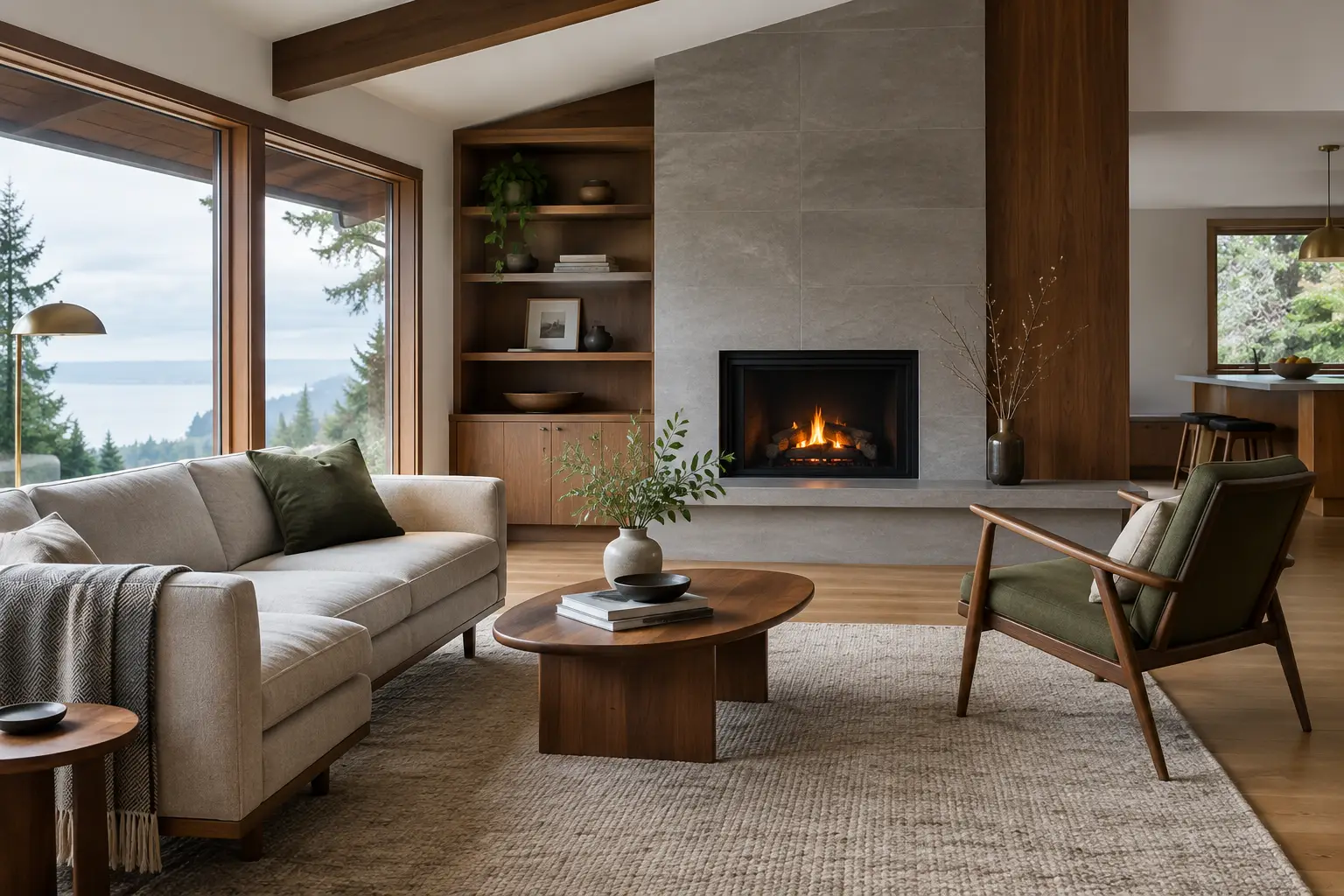 Mid-century modern living room with a board-formed fireplace, wood beams and a water view