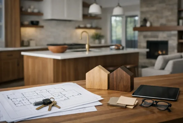 Remodel plans, keys and small house models on a kitchen island in a finished modern home