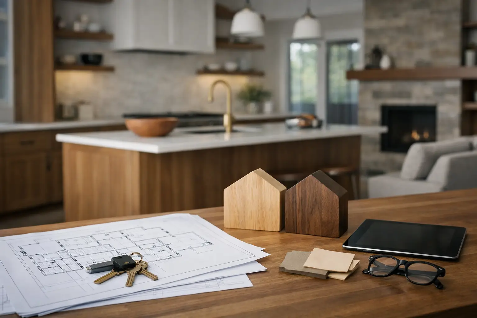 Remodel plans, keys and small house models on a kitchen island in a finished modern home