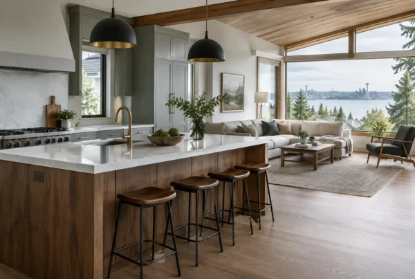 Kitchen with a wood island, black pendants and a vaulted wood ceiling opening to a Puget Sound view