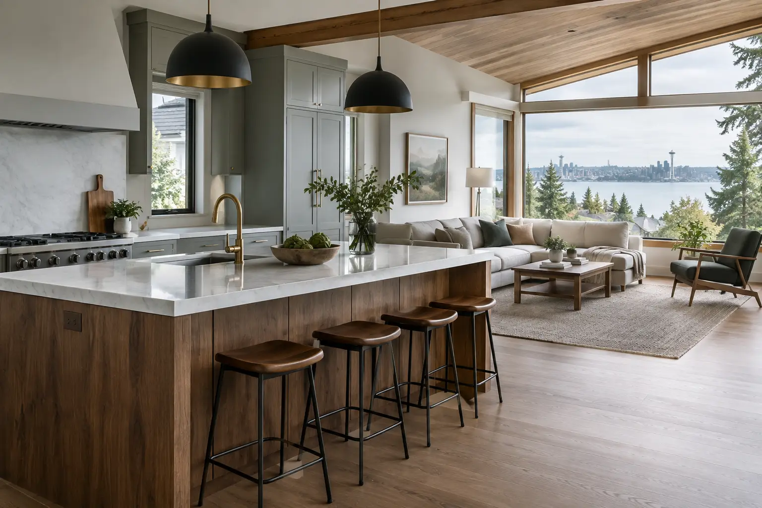 Kitchen with a wood island, black pendants and a vaulted wood ceiling opening to a Puget Sound view