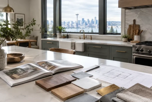 Design samples and a sketchbook on a kitchen island with the Seattle skyline outside