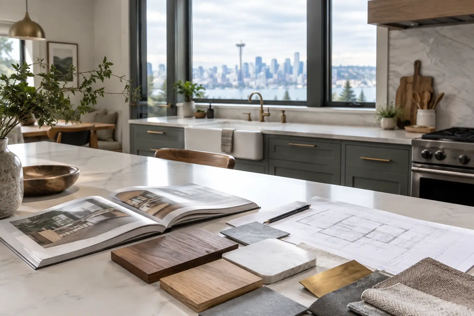 Design samples and a sketchbook on a kitchen island with the Seattle skyline outside