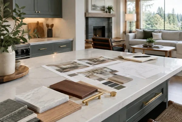 Floor plans, stone and walnut samples, and paint chips laid out on a marble kitchen island during remodel design selections.