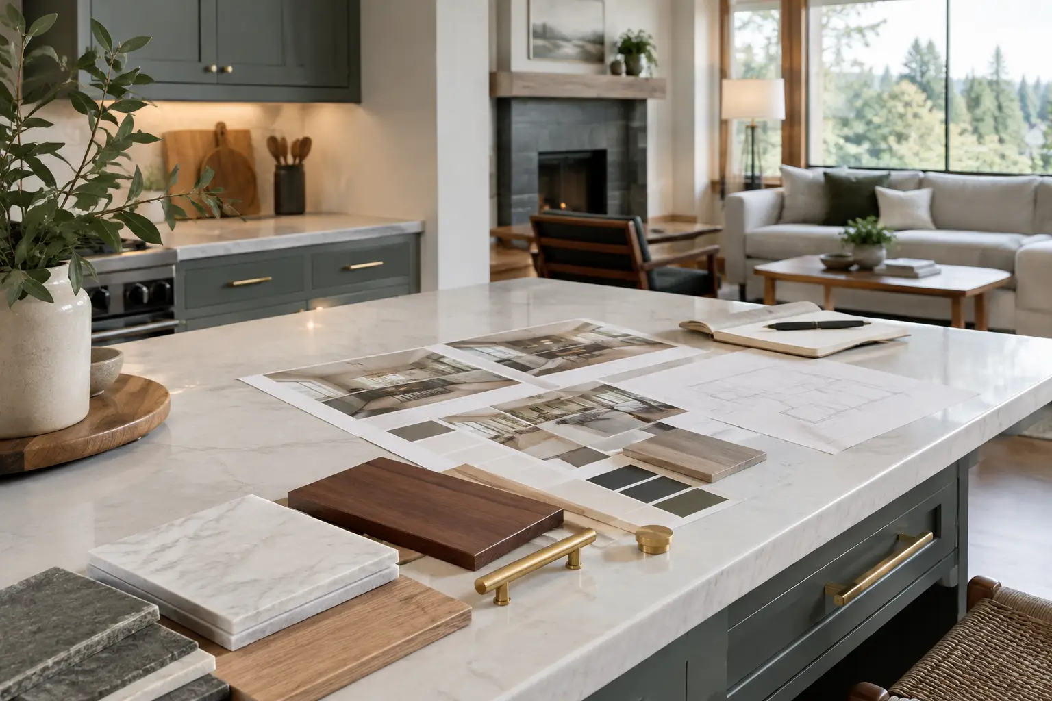 Floor plans, stone and walnut samples, and paint chips laid out on a marble kitchen island during remodel design selections.